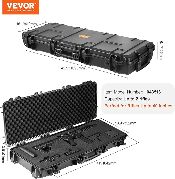 VEVOR Rifle Case, Rifle Hard Case with 4 Layers Fully-protective Foams, Lockable Hard Gun Case with Wheels, IP67 Waterproof & Crushproof, for Rifles or Shotguns