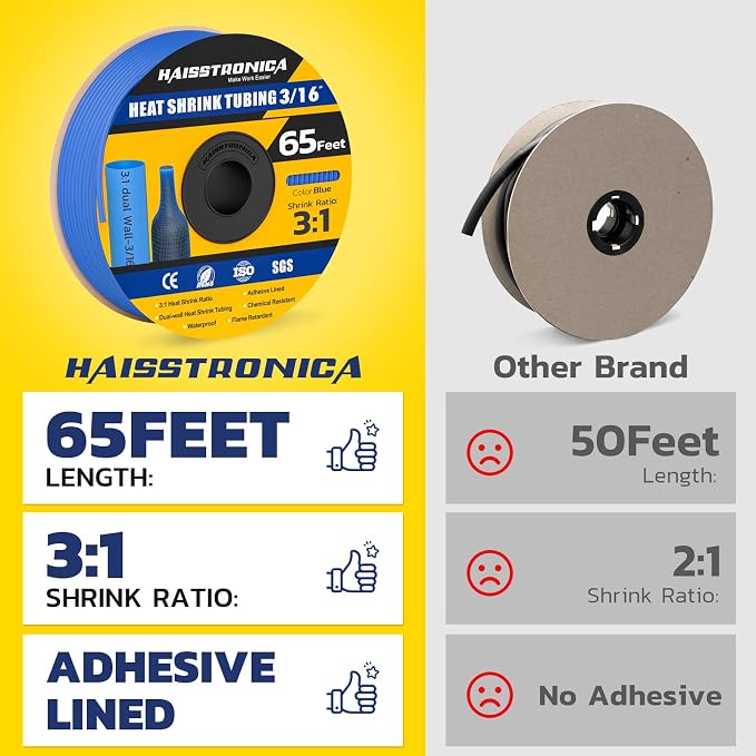 haisstronica 3:1 Heat Shrink Tubing, Shrink Ratio Adhesive Lined Marine Grade Heat Shrink Tube for Home, Automotive and Industrial (Blue) 65FT 3/16inch