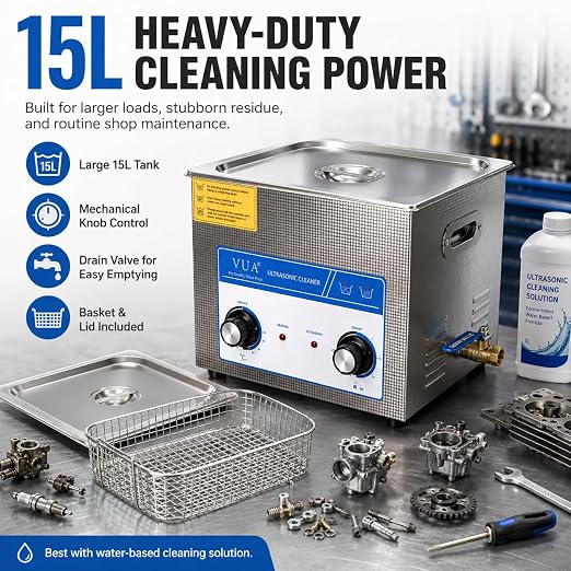 15L Ultrasonic Cleaner Machine with Heater, Professional Industrial Ultrasonic Cleaner 40kHz Stainless Steel Parts Cleaner for Automotive Parts, Tools, Carburetors, Jewelry and Workshop Maintenance