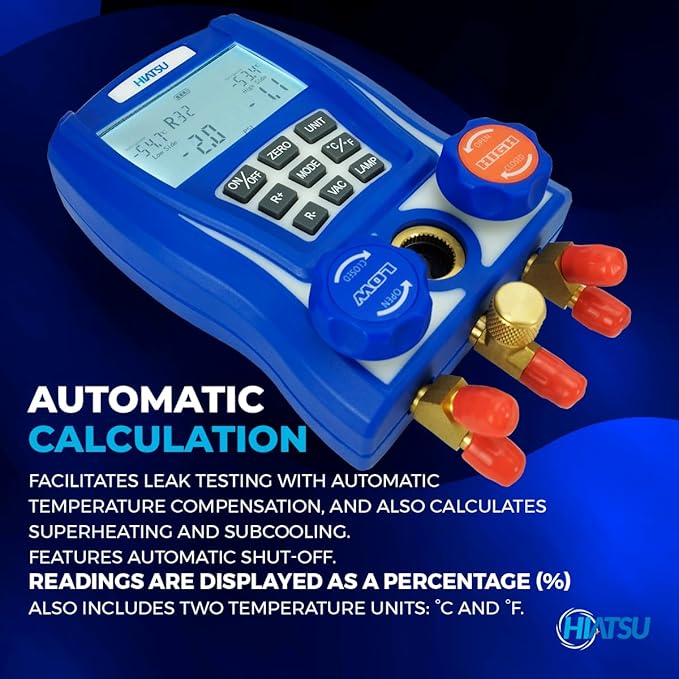 Hiatsu Digital HVAC Manifold Gauge Set with AC Gauges - Freon Gauges with 88 Refrigerants - Automotive Gauge Set with Temperature Clamps - AC Recharge Kit