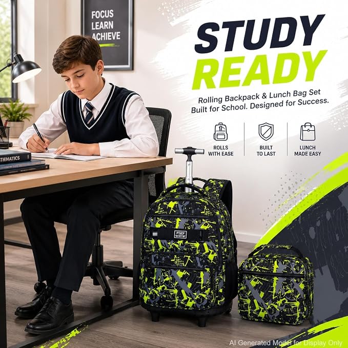 3Pcs Rolling Backpack for Boys Men, Travel Roller Backpacks with Wheels for Adults, Teens College Graffiti Wheeled Bookbag with Lunch Box(Green)