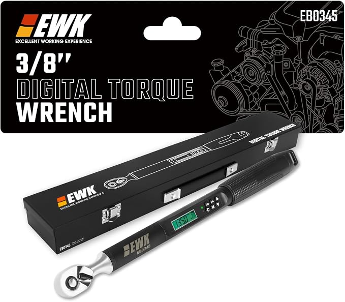 EWK 3/8 Inch Drive Digital Torque Wrench 5-100 ft-lbs (6.8-135 Nm) | IS0 6789, ±1.5% clockwise / ±2.5% counterclockwise, LCD Display, LED Buzzer Vibration Alert, 30 Memory Values