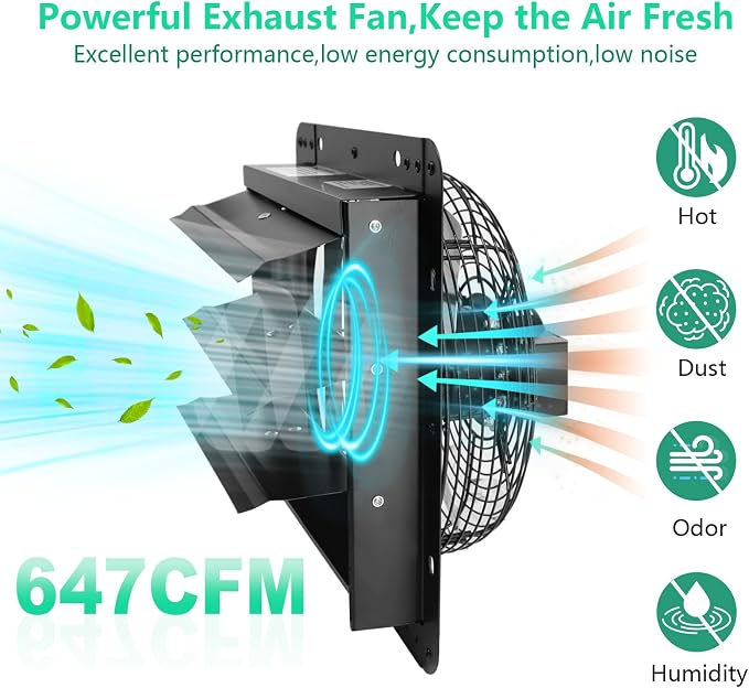 10 Inch Shutter Exhaust Fan,Wall Mount Louvered Exhaust Fan with ON/OFF Switch, Chicken Coops Vent Fan for Greenhouse, Gable, Barn, Garage, Shed Ventilation Fans 647CFM,1700 RPM