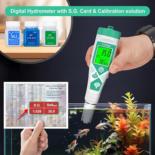 YINMIK Pool pH Salt Tester, Digital Salinity Meter for Saltwater Pool, Simultaneous Display Salt pH TDS for Koi Pond, Reef Tank, Aquarium, Hydroponic PPM pH EC Reader, Hydrometer with S.G. Card