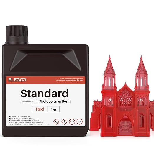 ELEGOO 3D Printer Resin, 405nm Fast UV Curing Standard Photopolymer Resin, High Precision, Non Toxic 3D Resin for Saturn 4/Saturn 3/Mars 5/Mars 4, LCD/MSLA/DLP 3D Printing, Clear Red 2000G