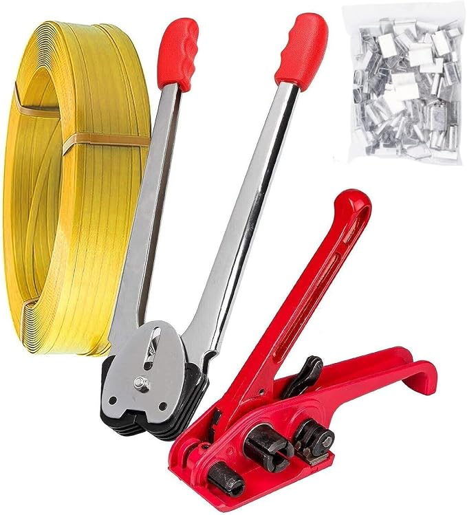 Pallet Packaging Strapping Banding Kit, Heavy Duty Manual 4 in 1 PET/PP Manual Strapping Tools Packing Machine Set Tensioner & Sealer 100m Packing Belt, 50 pcs Wide Coil Reel for Packing