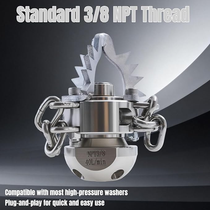 3/8 NPT Sewer Jetter Rotating Nozzle Root, 40L/Min, 360° High Pressure Cleaning Tool (with Detachable Chain), Suitable for Home Drains, Commercial Pipes, Industrial Pipes