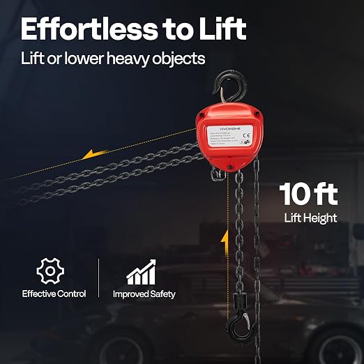 VIVOHOME Chain Hoist 2 Ton 10ft Red, Mini Chain Hoist 4400Lbs, Heavy Duty Pulley Hoist with G80 Manganese Steel Chain, Manual Chain Fall for Garages, Warehouses, and Automotive Tasks