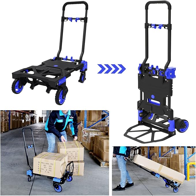 Folding Hand Truck Heavy Duty 330LB Load Carrying,Convertible Dolly Cart with Retractable Handle and 4 Rubber Wheels,Portable Hand Truck Foldable for Luggage/Personal/Travel/Mobile/Office Use.