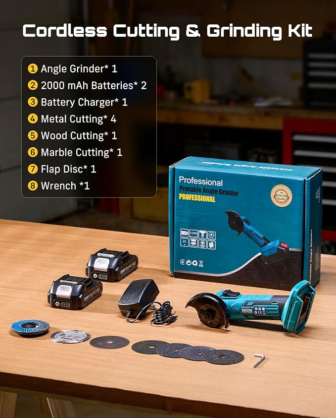 SEESII Cordless Mini Angle Grinder: 3-Inch Brushless Angle Grinder 19000 RPM with 2pcs 21V 2.0Ah Batteries, 7pcs Cutting Discs, 210W Power Electric Grinder Tool for Metal Wood Polishing Rust Removal