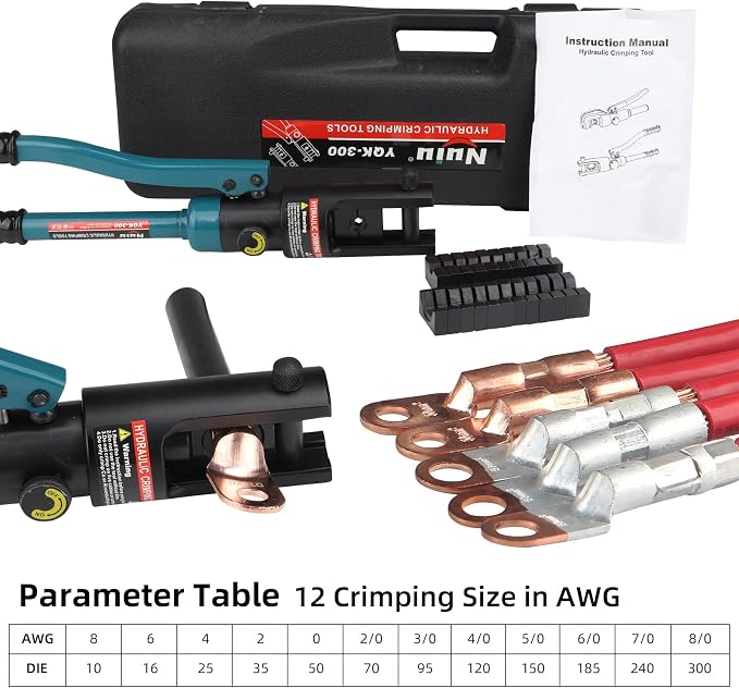 YQK-300 Hydraulic Crimping Tool 12T, Wire Crimper for Battery Cable Terminals 16-300mm²(6 AWG to 8/0 AWG)with 11PCS Hex Dies,16mm Stroke, 180°Swivel Head - Professional Electrician Crimper(Blue)