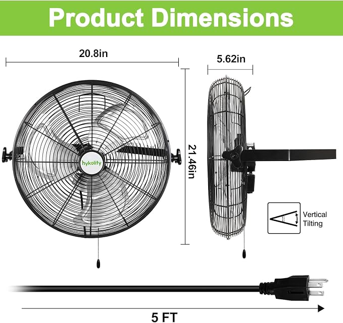 hykolity 4300 CFM 18 in. Industrial Wall Mount Fan, 3-Speeds High Velocity Wall Fan with Sealed Motor, Heavy Duty Metal Barn Fans for Garage, Workshop and Warehouse, UL Listed