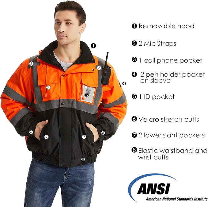 SKSAFETY High Visibility Reflective Jackets for Men, Waterproof Class 3 Safety Jacket with Pockets, Hi Vis Orange Coats with Black Bottom, Mens Work Construction Coats for Cold Weather, Medium, 1 Pack