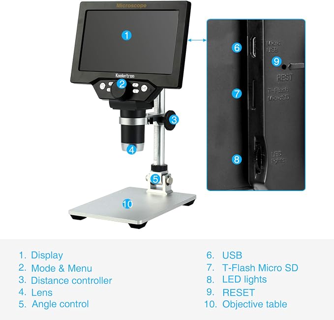 Koolertron 7 inch LCD Digital Microscope,12MP 1-1200X Magnification 1080P Coin Microscope with Screen,8 LED Lights,Rechargeable Battery Microscope for PCB Soldering Plant/Rock/Insect/Watch Repairing