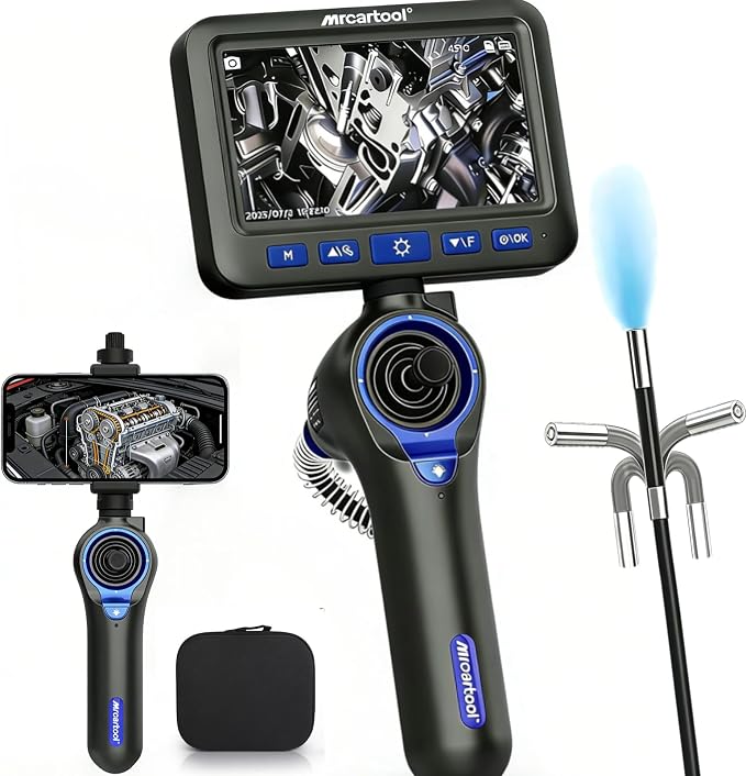 4-Way 360° Articulating Borescope with Light & Detachable Joystick, 5" HD Screen 6.2mm/0.24 in Slim Inspection Camera, 4.0Ft Semi-Rigid Cable for Automotive,HVAC,Mechanical