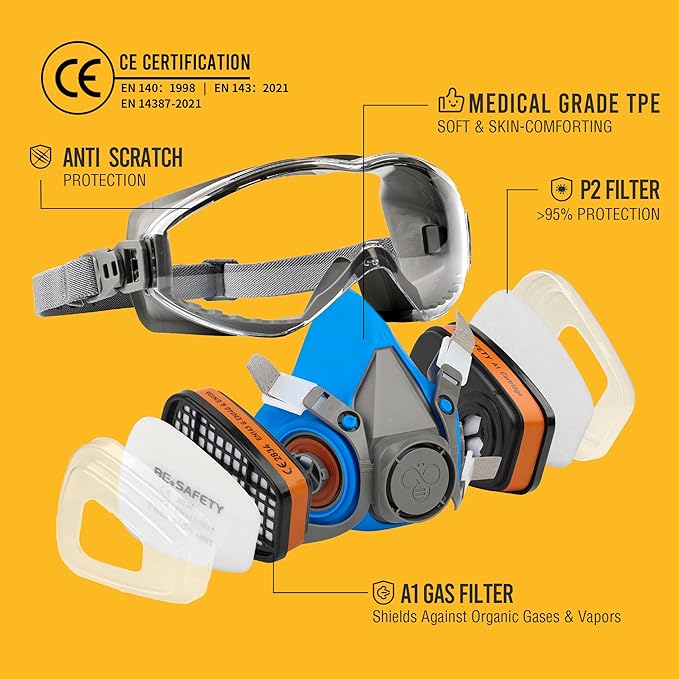Half Face Respirator Mask with Safety Goggles, 2 A1 Organic Vapor Filters & 8 P2 Dust Filters, RD-518 Reusable Respirator for Painting,Dust,Gas, Sanding, Spraying, Chemicals, Cleaning