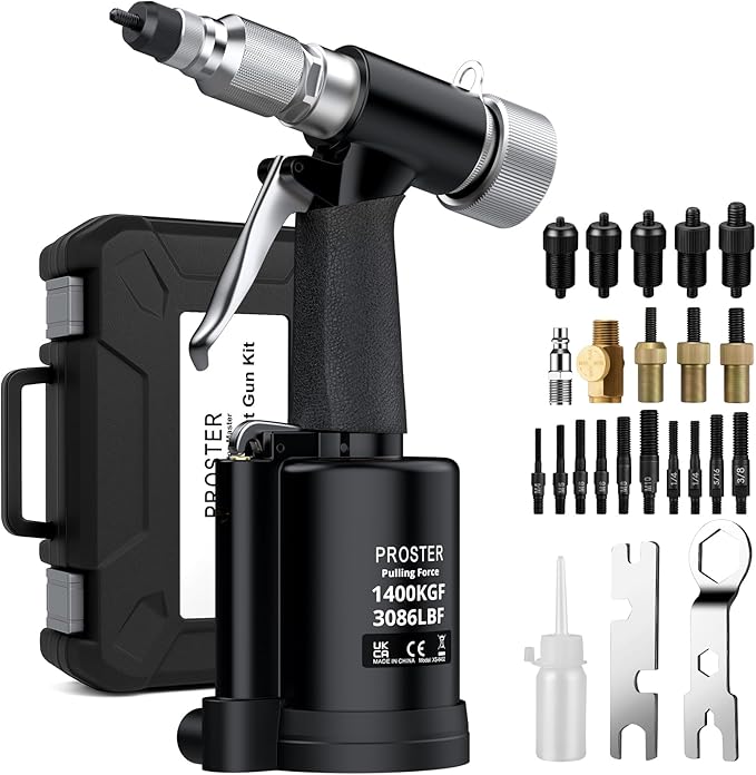 Proster Pneumatic Hydraulic Rivet Nut Set - 3086LBF Heavy-Duty Riveters Setting Kit for M4 M5 M6 M8 M10 1/4" 5/16" 3/8" Nuts with Storage Case (Black)