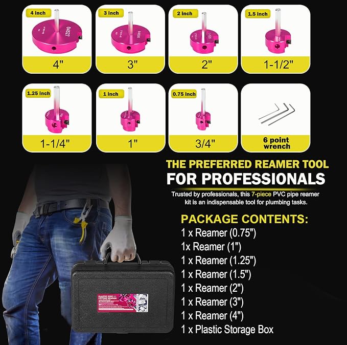 Premium 7Pcs PVC Pipe Reamer Kit For 1/2" Drills- Includes 3/4", 1", 1-1/4", 1-1/2", 2", 3", 4" Compatible with Standard 1/2" Drills,For SCH40 PVC, ABS PVC Pipe,CPVC Perfect for Plumbing Repairs
