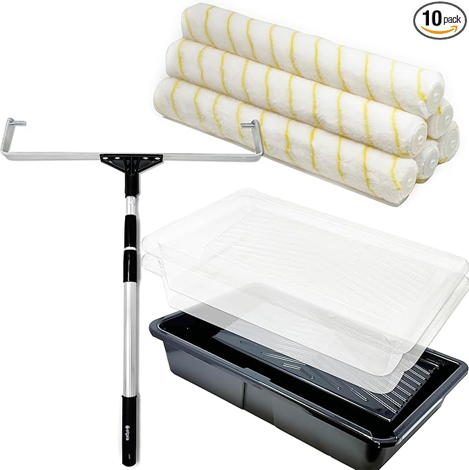 Allgala 18 Inch Painting Roller Kit Pro Grade 10 PC Set Paint Tray and Liner, Rollers and Frame, 4 FT Extension Pole