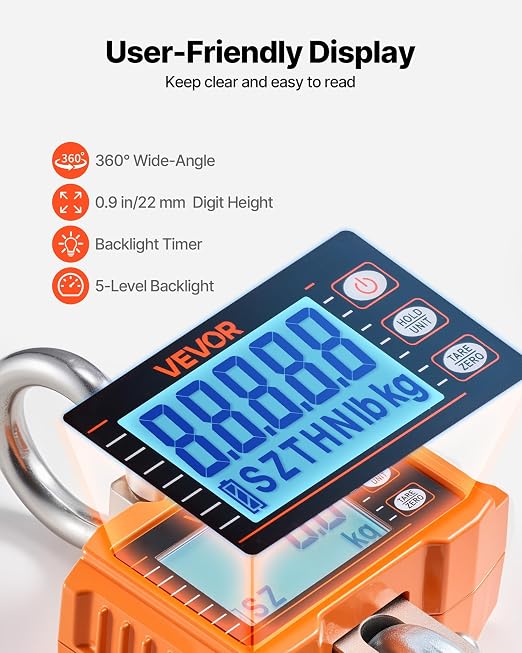 VEVOR Digital Crane Scale, 4400 lbs/2000 kg Max Capacity, Heavy Duty Industrial Hanging Scale with Cast Aluminum Case & LCD Display, 1 lbs Division & 3 Unit Switch, Remote Control for Garage Factory