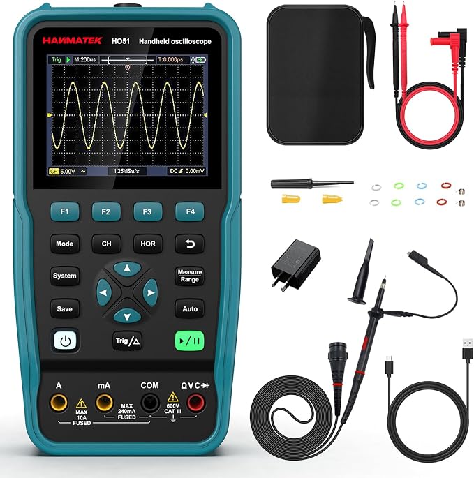 HANMATEK 3 in 1 Handheld Oscilloscope Multimeter,Waveform Generator HO51 with 3.5" TFT Oscilloscop, Auto-Calibration Function, Memory Function, Multi Tester