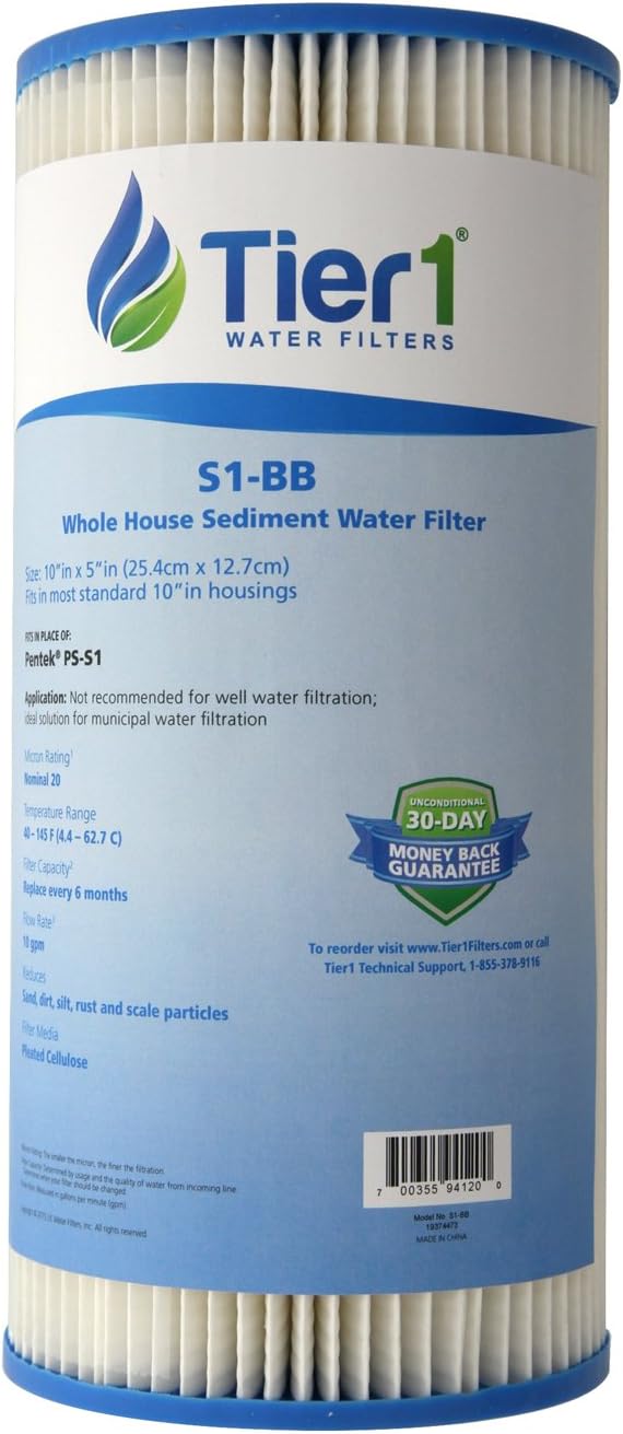 Tier1 20 Micron 10 x 4.5 Water Filter | Resin Impregnated Pleated Cellulose Whole House Sediment Filter Cartridge | Replacement for Pentek S1-BB, W20CLHD | 4.5 x 10 Home Water Filter