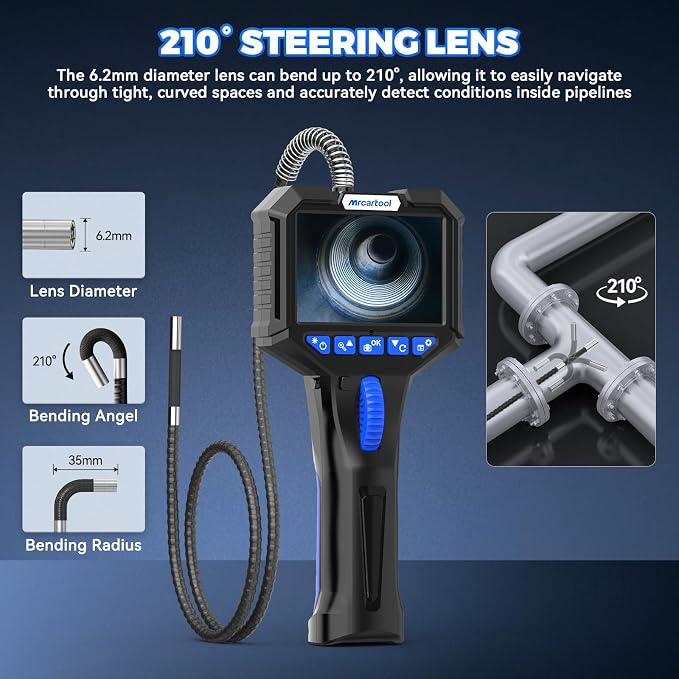 Inspection Camera with 6 Light, Two-Way 210° Articulating Borescope with 6.25mm Lens Snake Camera for Mechanic Inspections
