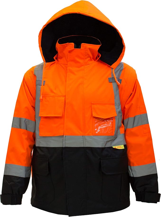 NY Hi-Viz Workwear J8511/J8512 Men's Ansi Class 3 High Visibility Safety Jacket With Zipper, PVC Pocket, Black Bottom
