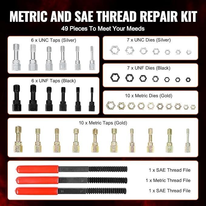 VEVOR Thread Chaser Set - 49-Piece UNC UNF and Metric Thread Restorer Tool Rethreading Tool Kit with 22 Taps 24 Dies 3 Thread Files Storage Case Heat Treated Steel for Mechanics DIY Enthusiasts