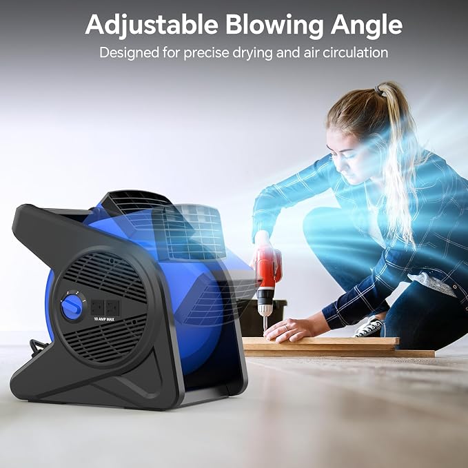 shinic High Velocity Fan 15" 375 CFM 3-Speed Utility Fans Air Mover Blower Fan with 270° Pivot Carpet Dryer Floor Fan with 2 Outlets Portable Industrial Fans for Job Site Home Garage Work shop, Blue