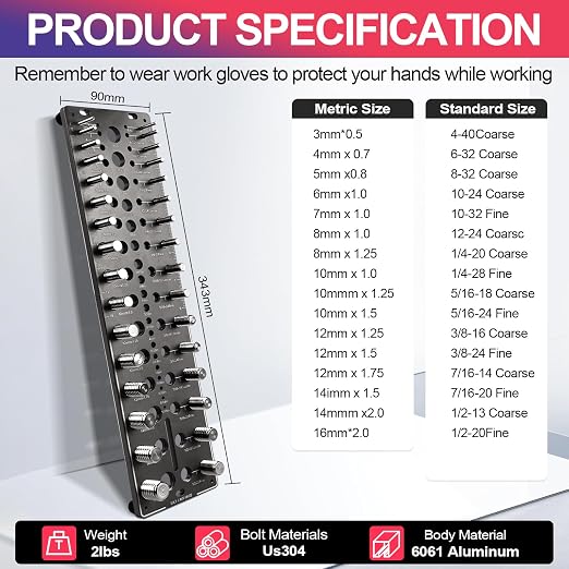 Nut and Bolt Thread Checker 32 SAE & 32 Metric Rustproof Solid Non-Deformable Thread Checker, Wall-Mountable Bolt Size Finder Tool, Bolt and Nut Sizer and 19 Drill Bit Sizes for Quick Measurement