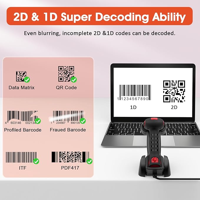 Symcode 2D Industrial Barcode Scanner with Stand 433 Wireless 1968 Feet Transmission Distance USB QR Automatic Barcode Reader Handhold Hands-Free Bar Code Scanner with Charging Base Red