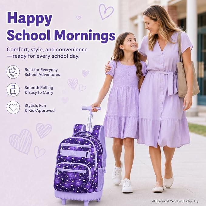 3Pcs Rolling Backpack for Girls Teens, 19" Wheeled Backpack with Lunch Box, Polka Dots Travel Roller Backpack for Women College Students (Purple)