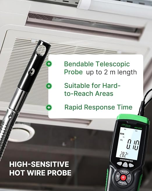 Hot Wire Anemometer AM-288 – HVAC Airflow Meter for Duct and Vent Testing, CFM/CMM Air Volume Calculation, Wind Speed & Temperature Measurement, Data Logging, USB PC Software