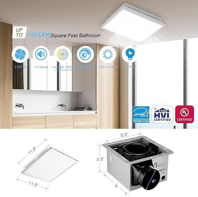 Tech Drive Modern Nickel Bathroom Fan with Light, 4 Inch Duct | 110CFM
