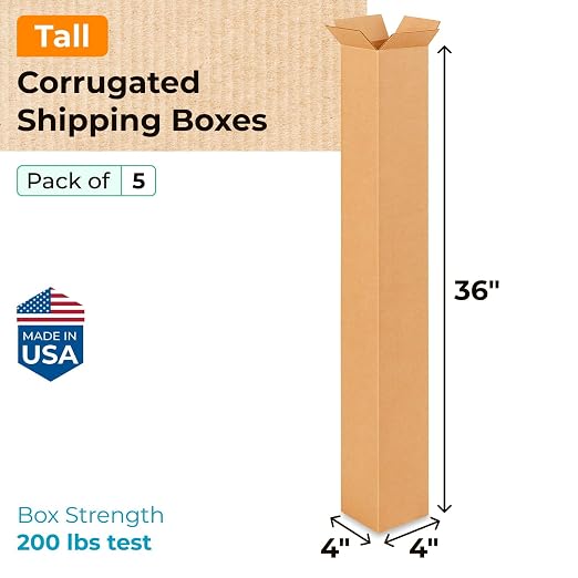 Tall Moving & Shipping Boxes 4 x 4 x 36 inches (5-Pack) - Extra Strength 200 lb vs Regular - USA-Made Corrugated Strong Packing Boxes for Moving - Cardboard Box for Delivery by IDL Packaging