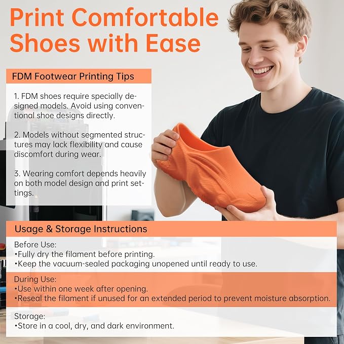 BIQU MorPhlex Flexible Filament 1.75mm, Turn 90A Into Ultra-Soft 75A with High Flexibility, 1Kg (2.2lbs) Spool - Dimensional Accuracy ±0.02 mm, Beginner-Friendly (Orange)
