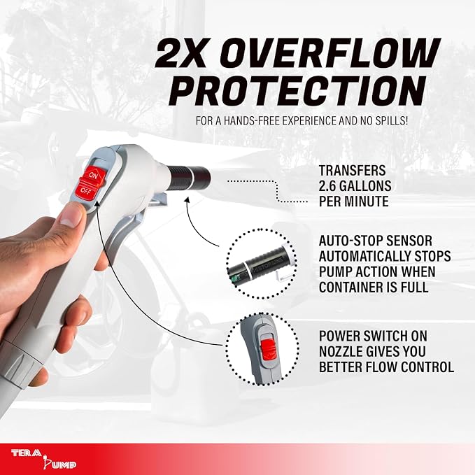 TERA PUMP TRFA03 Universal Gas Can Adapter Battery Powered Fuel Transfer Pump (2.6 GPM) No Spill Sensor, 3.28 ft Vinyl Hose, Power Nozzle, 4 x AA Power