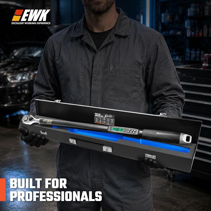 EWK 1/2" Drive Digital Angle Torque Wrench 12.5-250 ft-lbs (17-340 Nm) | ISO 6789, ±1.5% clockwise / ±2.5% counterclockwise/ ±2% Angle, LCD Display, LED Buzzer Vibration Alert, 30 Memory Values