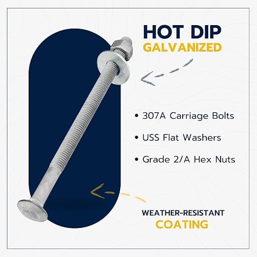 3/8" x 9" (50 Pack) Galvanized Carriage Bolt Kit, Grade 307A, Hot Dip Galvanized for Exterior Use by Makers Bolt