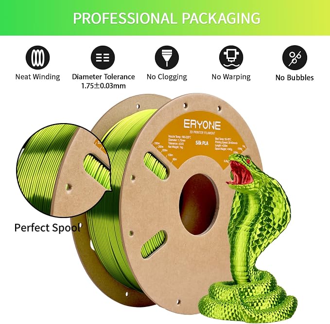 ERYONE Silk PLA Filament for 3D Printer 1.75mm +/- 0.03mm, Shiny Filament 1kg (2.1lbs)/Spool, Neon Green