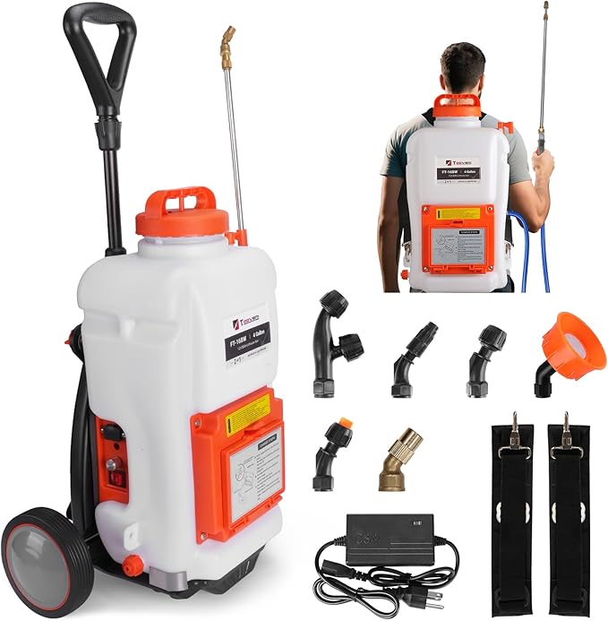 Toovem Battery Powered Backpack Sprayer, 4 Gallon Electric Sprayer with Wheeled Cart, Adjustable 0-94 PSI Backpack Garden Sprayer with 10FT Hose, 6 Nozzles for Lawn, Garden, Yard