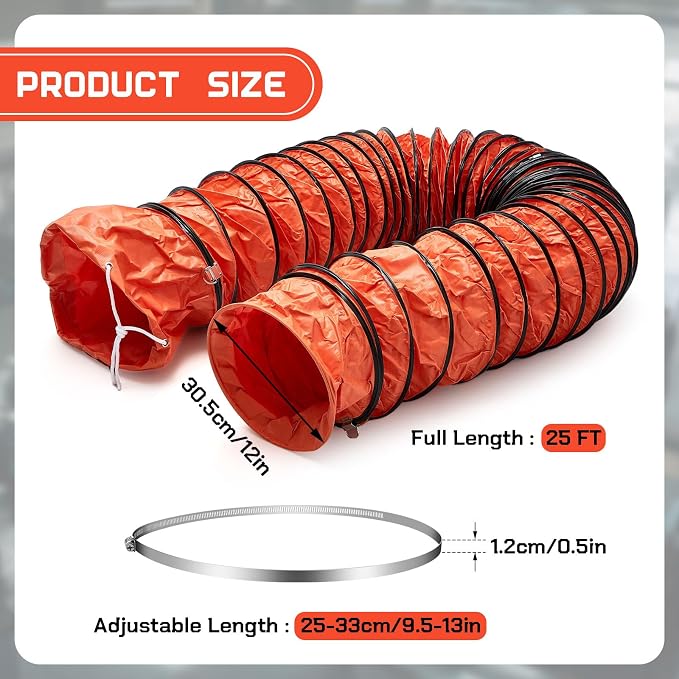 Pangda 1 Pack 25ft Duct Hosing PVC Flexible Ducting Hose 12 Inch HVAC Duct Hosing Flame Retardant with Stainless Steel Air Ducting Clamps Adjustable Hose Clamps for Utility Blower, Orange