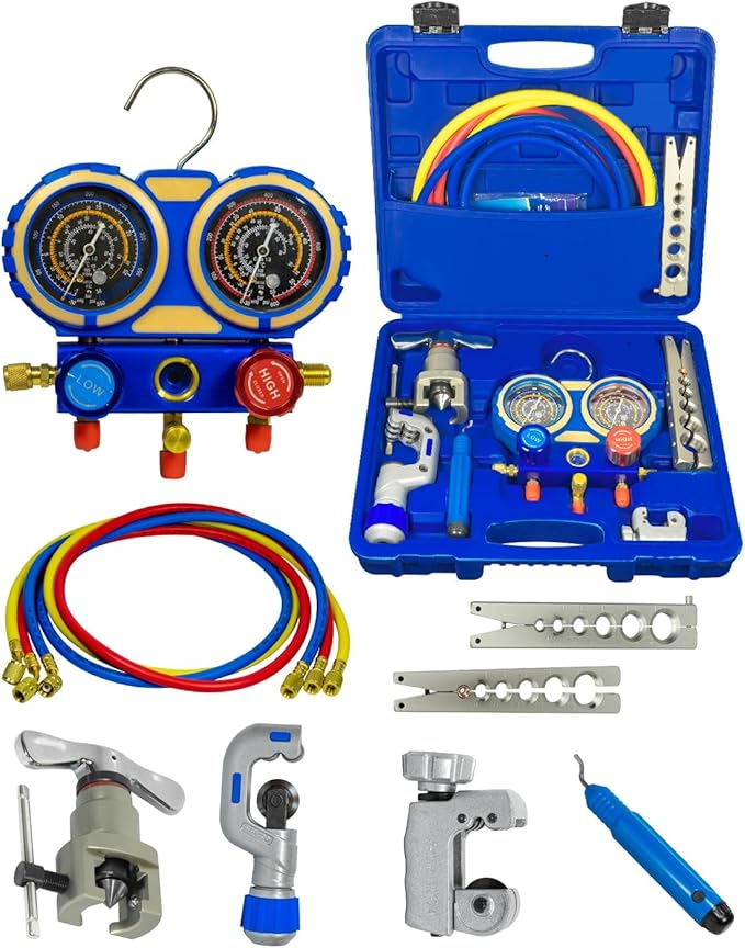 HVAC & Auto AC Manifold Gauge and Flaring Tool Kit - 3 Way Gauge Set for R22 R134A R410A R32 with Flaring Tool, Tube Cutter, Deburrer for Copper Aluminum Pipes, Car Air Conditioner Repair