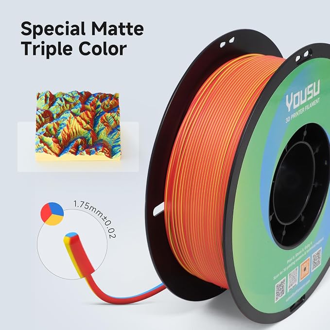 YOUSU Tri Colors Red Blue Yellow Matte PLA Filament 3 in 1, 1.75mm Magic Color Change 3D Printer Filament, Dimensional Accuracy +/-0.03mm, 1KG/Roll, Work with Most 3D Printer