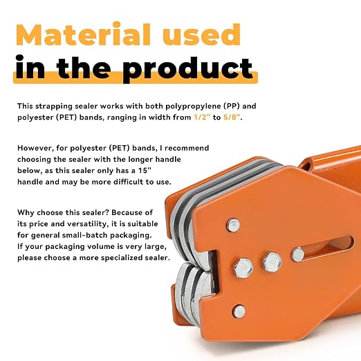 Strapping Sealer/Crimper for 1/2"-5/8" Polypropylene (PP) Polyester Strapping Band Manual Banding Tool with 15” Extended Handle（Orange）
