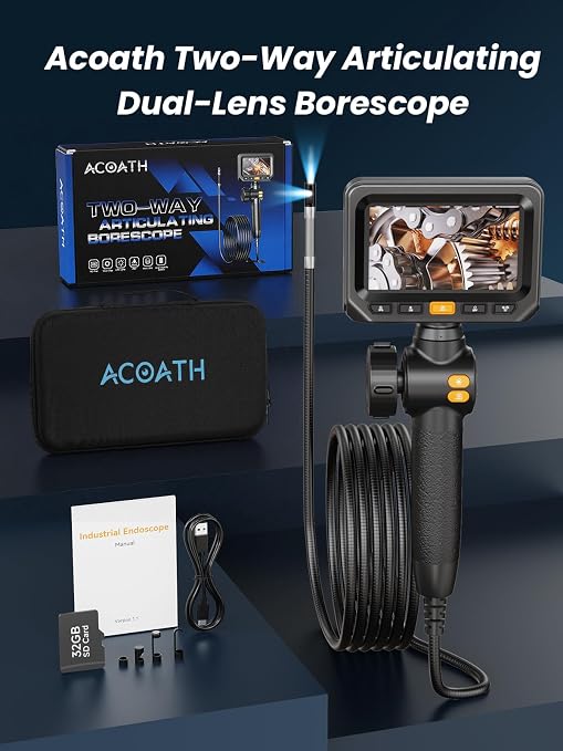 Acoath Two-Way Articulating Borescope, Endoscope Camera with Light, Dual-Lens 1080P Industrial Inspection Camera, 4.3" IPS Screen, 32GB Card, IP67 Waterproof Sewer Tools - 5FT