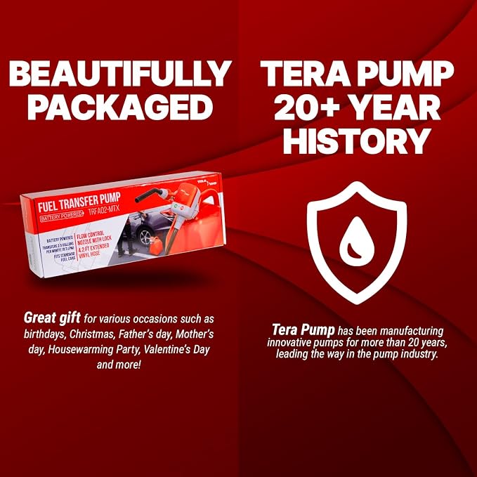 TERA PUMP 2nd Gen TRFA02-MTX Fuel Transfer Pump (2.5 GPM), 4-AA Battery Powered Gas Can Pump, Flow Control Nozzle with Squeeze Trigger Handle for E85 E15 Gas Diesel - 4.25ft Heavy-Duty Vinyl Hose
