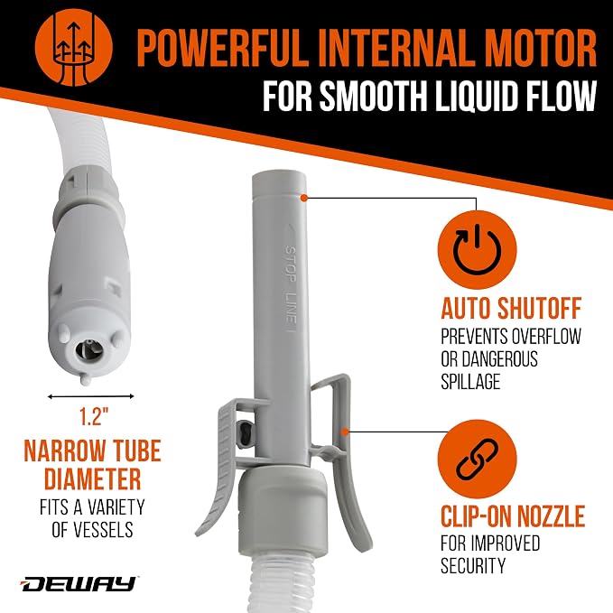 DeWay Fuel Transfer Pump for Gas Can with Precision Auto-Shutoff Nozzle | Fast 2.4GPM Flow Rate, Long 51” Hose, 4 AA Battery Power & 3 Fuel Adapters for Gasoline, Kerosene, Diesel & Non-Potable Water