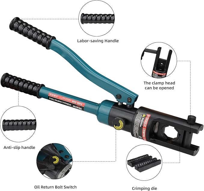 YQK-300 Hydraulic Crimping Tool 12T, Wire Crimper for Battery Cable Terminals 16-300mm²(6 AWG to 8/0 AWG)with 11PCS Hex Dies,16mm Stroke, 180°Swivel Head - Professional Electrician Crimper(Blue)